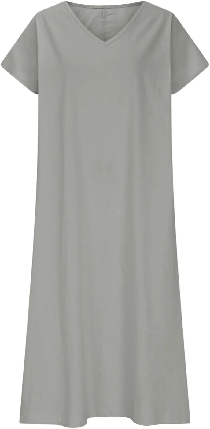 Beach Dresses for Women 2025 Vacation Flowy Short Sleeve V-Neck Summer Cotton Linen Casual Cruise Maxi Sundress