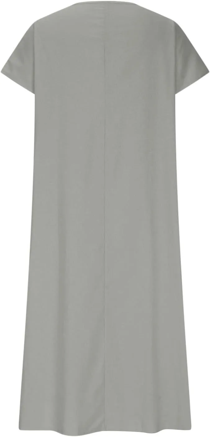 Beach Dresses for Women 2025 Vacation Flowy Short Sleeve V-Neck Summer Cotton Linen Casual Cruise Maxi Sundress