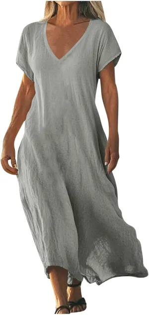 Beach Dresses for Women 2025 Vacation Flowy Short Sleeve V-Neck Summer Cotton Linen Casual Cruise Maxi Sundress