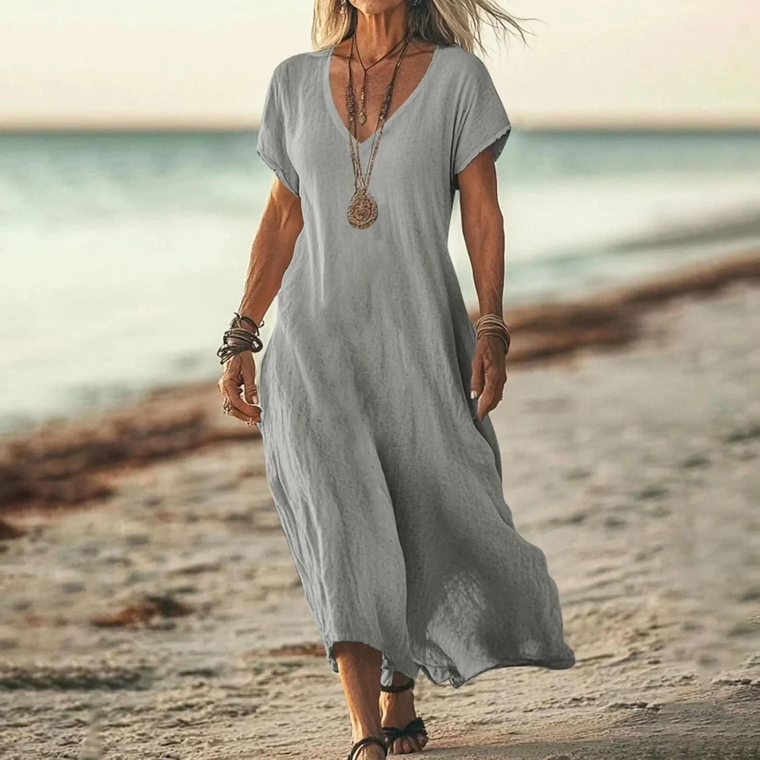 Beach Dresses for Women 2025 Vacation Flowy Short Sleeve V-Neck Summer Cotton Linen Casual Cruise Maxi Sundress