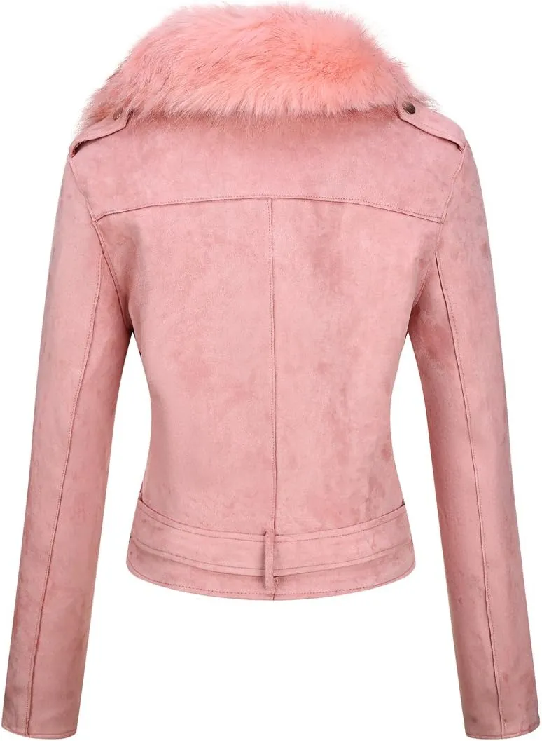 Bellivera Women Faux Leather Suede Jacket Moto Biker Coat Sherpa-Lined Overcoat with Removable Belt