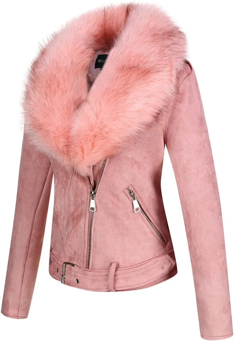 Bellivera Women Faux Leather Suede Jacket Moto Biker Coat Sherpa-Lined Overcoat with Removable Belt