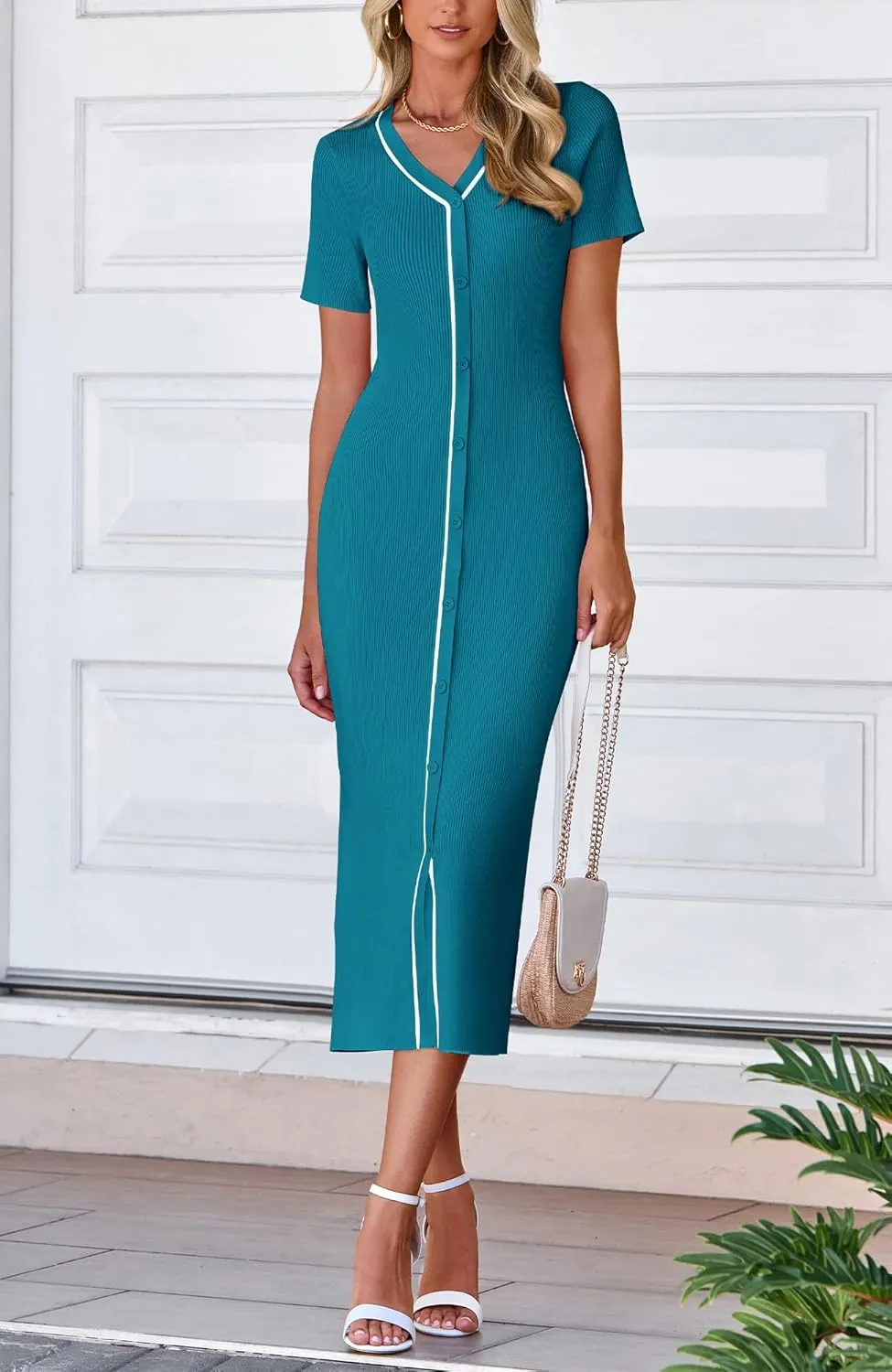 BTFBM Casual Women Spring Dresses 2025 Knit Bodycon Sweater Summer Dress Decorative Button V Neck Long Dress