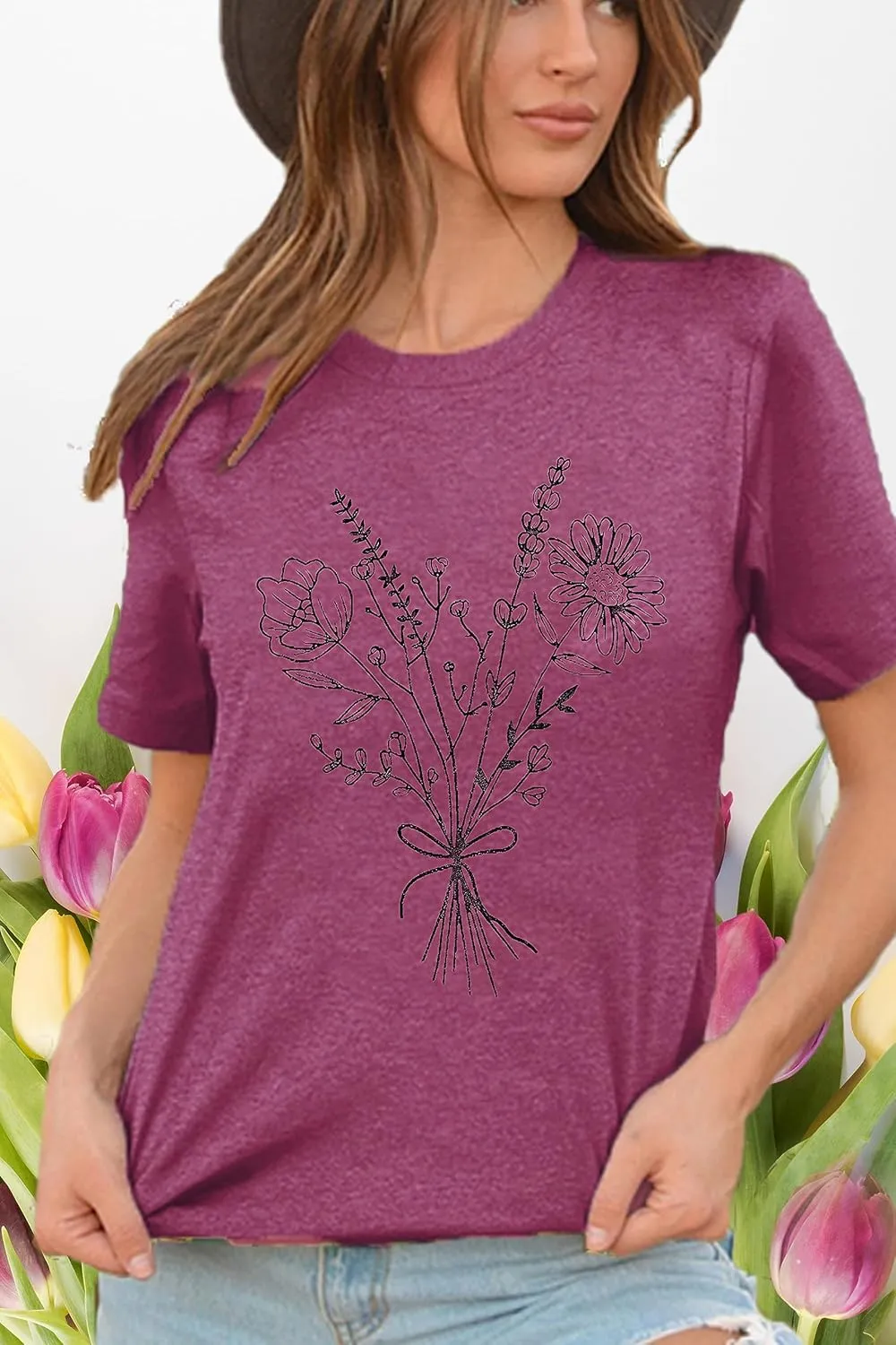 Floral Shirts for Women Boho Wildflower Graphic Workout T Shirts Summer Short Sleeve Nature Tee Tops