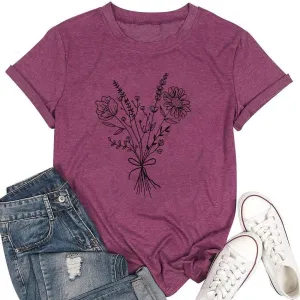 Floral Shirts for Women Boho Wildflower Graphic Workout T Shirts Summer Short Sleeve Nature Tee Tops