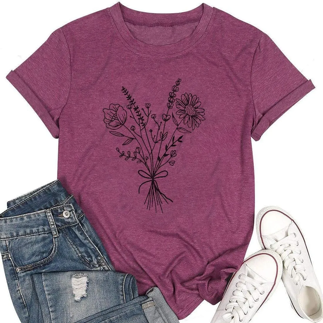 Floral Shirts for Women Boho Wildflower Graphic Workout T Shirts Summer Short Sleeve Nature Tee Tops