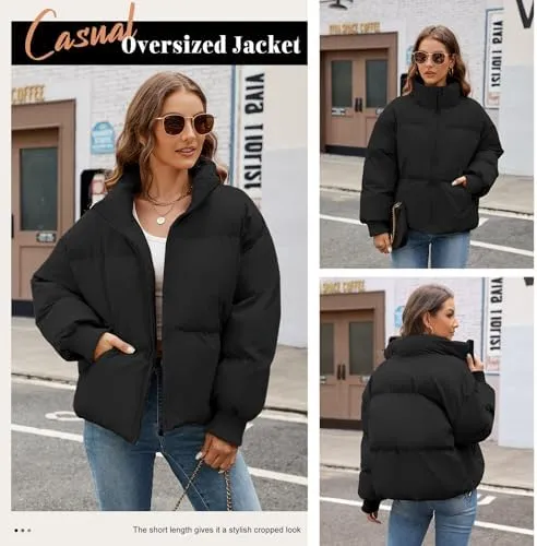 HEEKPEK Puffer Jacket Womens 2024 Winter Coats Cropped Long Sleeve Zip Puffy Quilted Jackets Stand Collar Baggy Short Coat