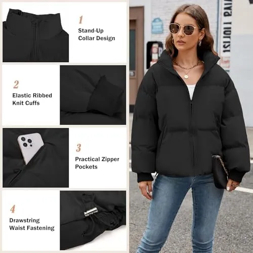 HEEKPEK Puffer Jacket Womens 2024 Winter Coats Cropped Long Sleeve Zip Puffy Quilted Jackets Stand Collar Baggy Short Coat