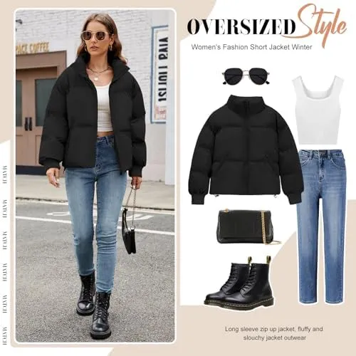 HEEKPEK Puffer Jacket Womens 2024 Winter Coats Cropped Long Sleeve Zip Puffy Quilted Jackets Stand Collar Baggy Short Coat