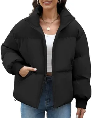 HEEKPEK Puffer Jacket Womens 2024 Winter Coats Cropped Long Sleeve Zip Puffy Quilted Jackets Stand Collar Baggy Short Coat