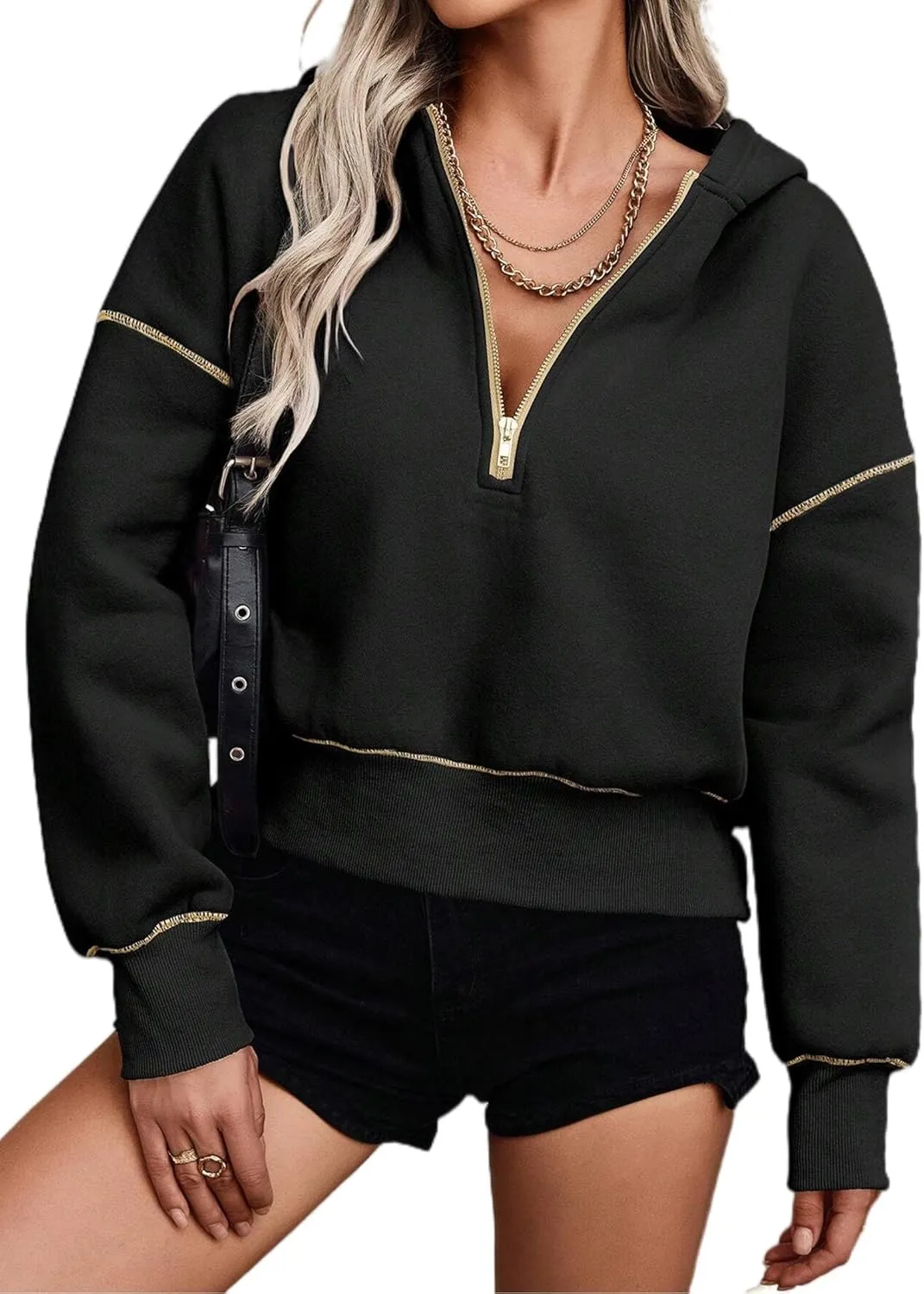 Hilinker Womens Half Zip Pullover Hoodies Cute Cropped Sweatshirts Long Sleeve Crop Tops