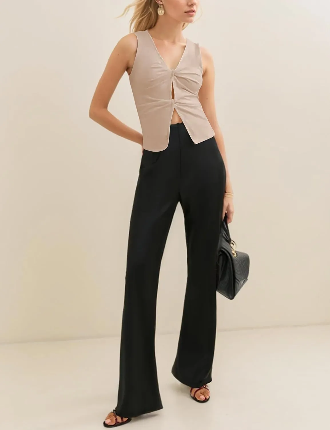Sexy Deep V Neck Crop Tank Tops for Women Y2K Slim Fit Sleeveless Twist Front Tops Plain Hollow Out Cropped Vest Top