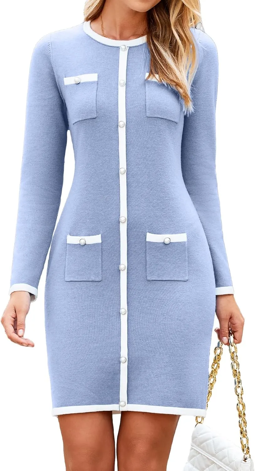 Simplee Womens Bodycon Sweater Dress Long Sleeve Mini Dress Fall Casual Knitted Short Party Dresses