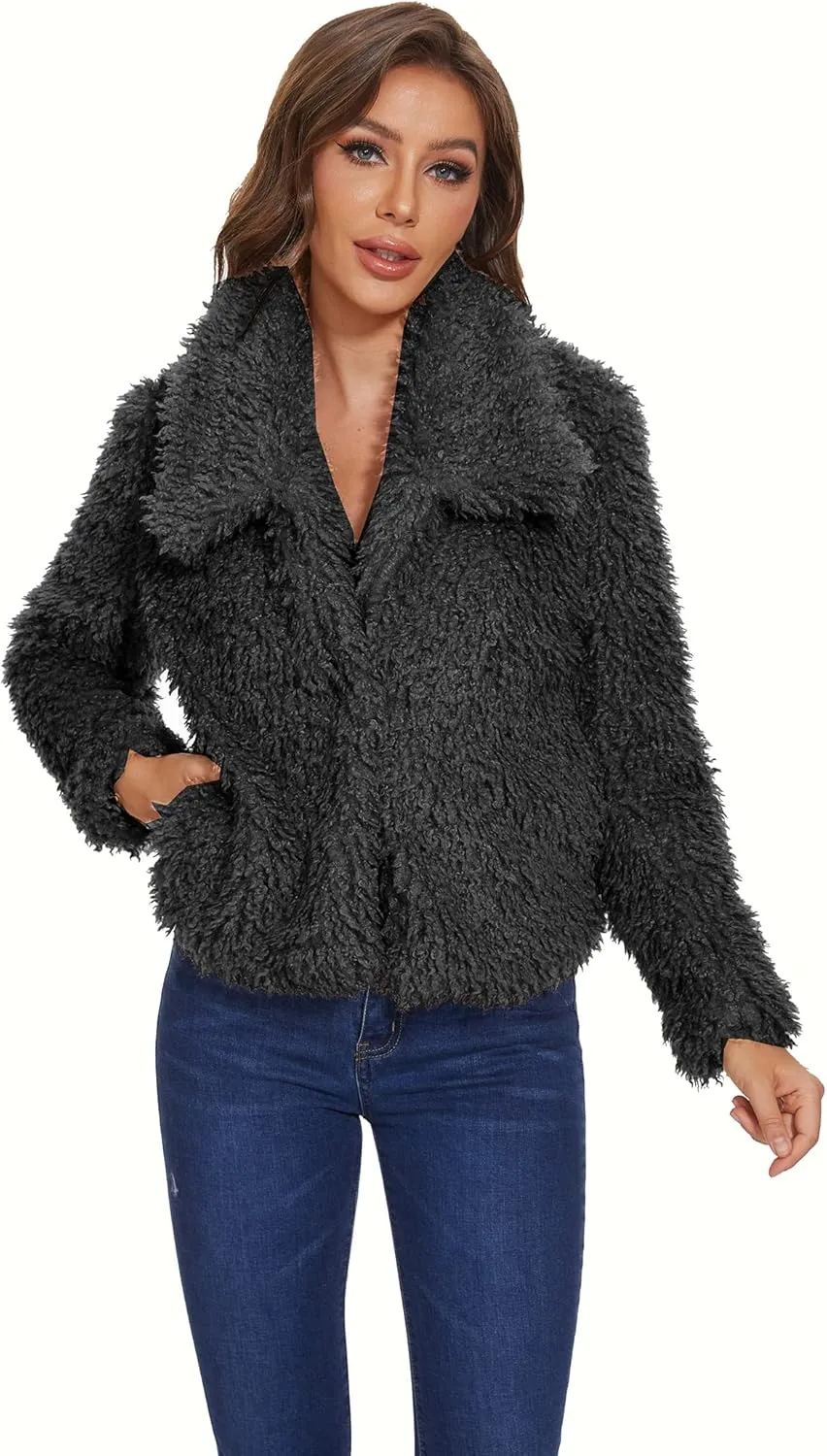 SUGAR POISON Women Winter Coats 2023 Women's Long Sleeve Fluffy Faux Fur Warm Coat Sherpa Jacket Outwear