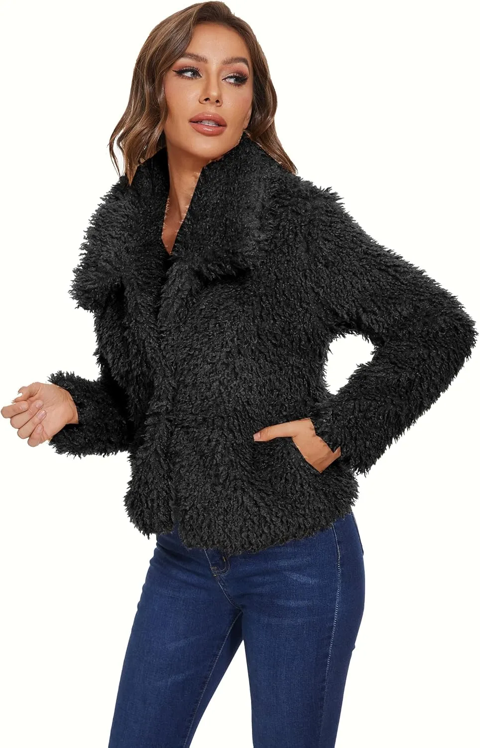 SUGAR POISON Women Winter Coats 2023 Women's Long Sleeve Fluffy Faux Fur Warm Coat Sherpa Jacket Outwear
