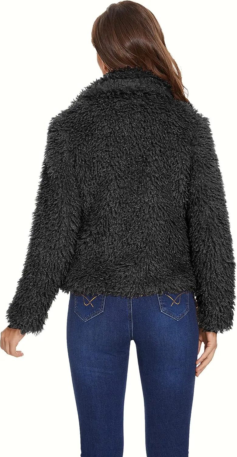 SUGAR POISON Women Winter Coats 2023 Women's Long Sleeve Fluffy Faux Fur Warm Coat Sherpa Jacket Outwear