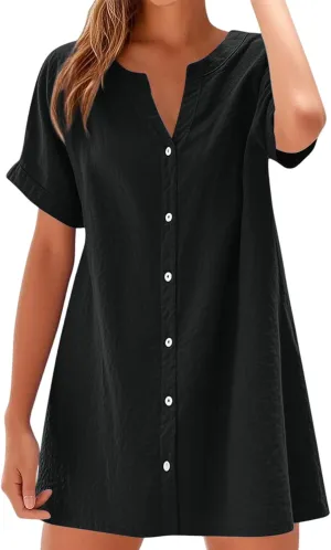 Summer Dresses for Women 2025 Cotton Linen Dressy Casual Mini Dress Short Sleeve Plus Size Bohemian Sundress