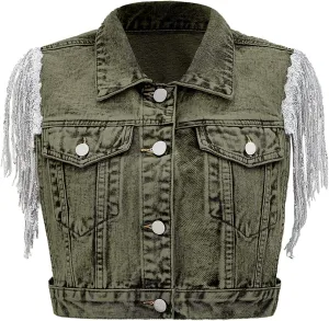 SweatyRocks Women's Fringe Button Down Crop Denim Jacket Sleeveless Collared Jean Coats