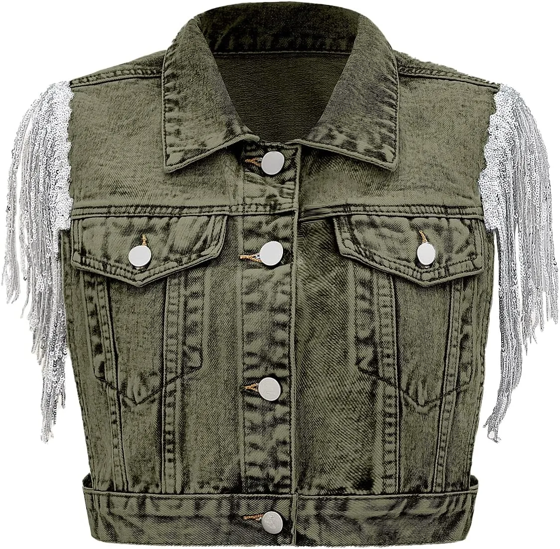 SweatyRocks Women's Fringe Button Down Crop Denim Jacket Sleeveless Collared Jean Coats