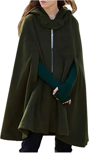 tuduoms Women's Vintage Trench Cape Wool Blend Hooded Coat Poncho Halloween Witch Cosplay Costumes Hooded Cape Short Cloak