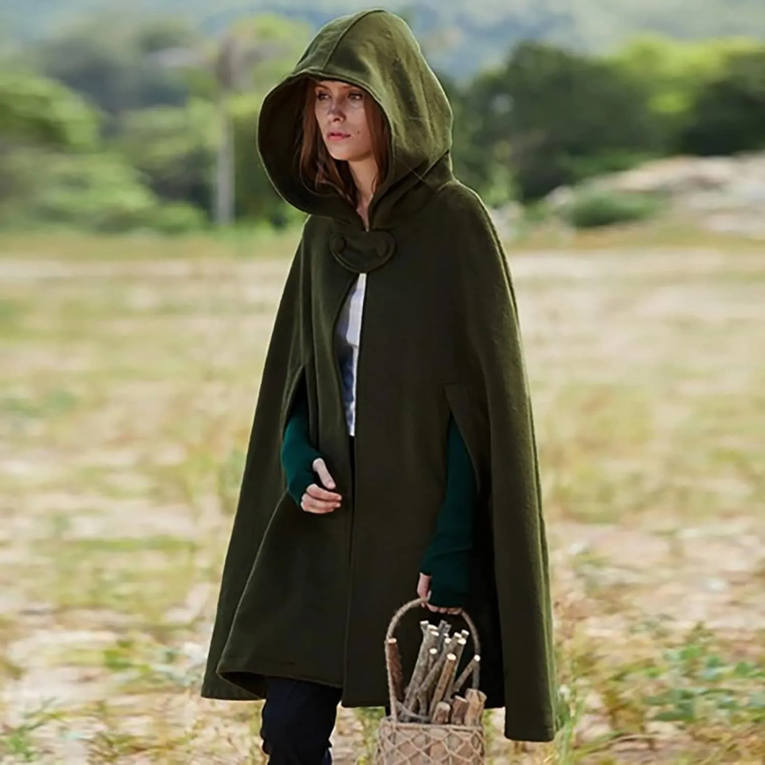 tuduoms Women's Vintage Trench Cape Wool Blend Hooded Coat Poncho Halloween Witch Cosplay Costumes Hooded Cape Short Cloak