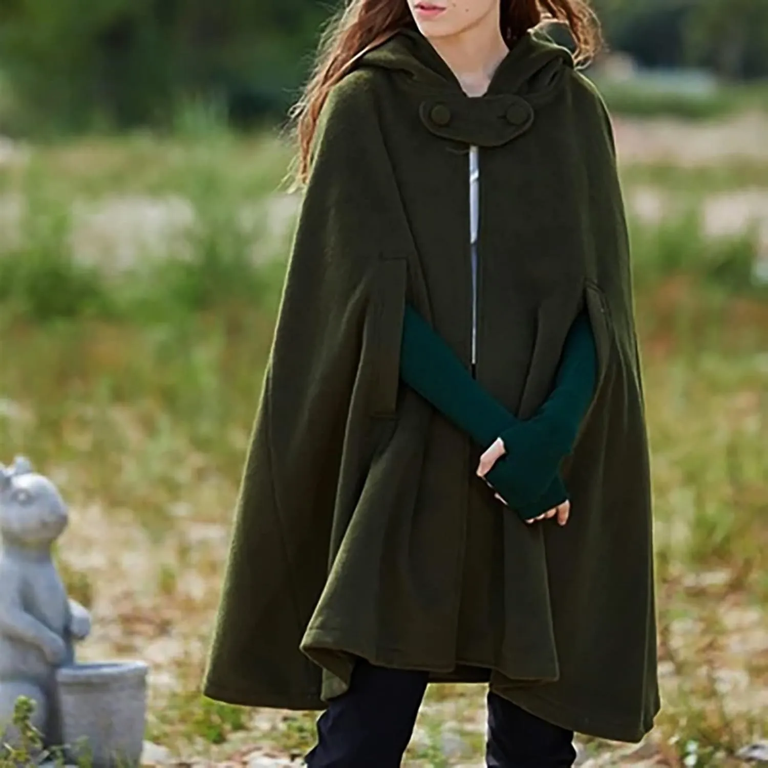 tuduoms Women's Vintage Trench Cape Wool Blend Hooded Coat Poncho Halloween Witch Cosplay Costumes Hooded Cape Short Cloak