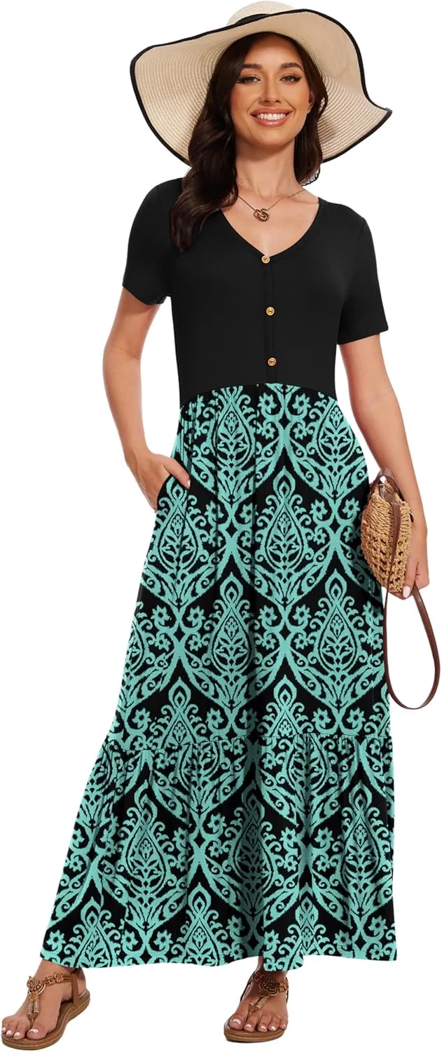 VIISHOW Women's Short Sleeve Maxi Dress 2025 Summer V Neck Knit Loose Plain Empire Waist Casual Dresses with Pockets