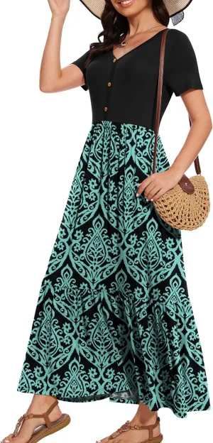 VIISHOW Women's Short Sleeve Maxi Dress 2025 Summer V Neck Knit Loose Plain Empire Waist Casual Dresses with Pockets