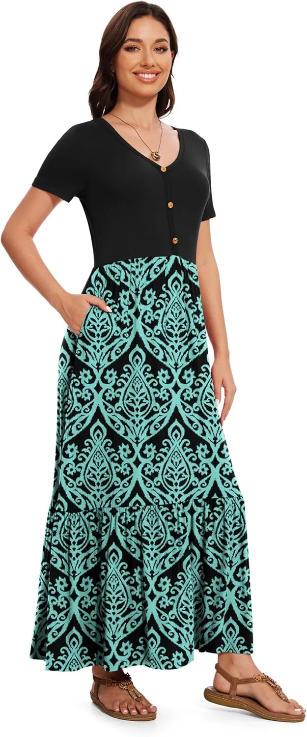 VIISHOW Women's Short Sleeve Maxi Dress 2025 Summer V Neck Knit Loose Plain Empire Waist Casual Dresses with Pockets