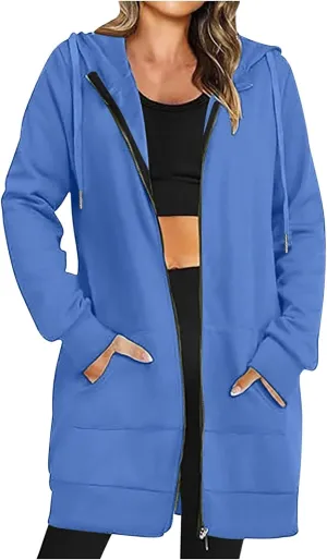 Womens Longline Hoodie Fall Winter Full Zip up Drawstring Sweatshirt Ladies Knee Length Pullover Hooded Jacket Pocket