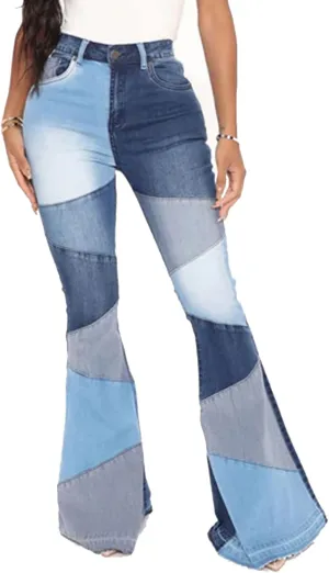 Women's Stylish High Waist Patchwork Jeans Distressed Hippie Vintage Flared Bell Denim Pants