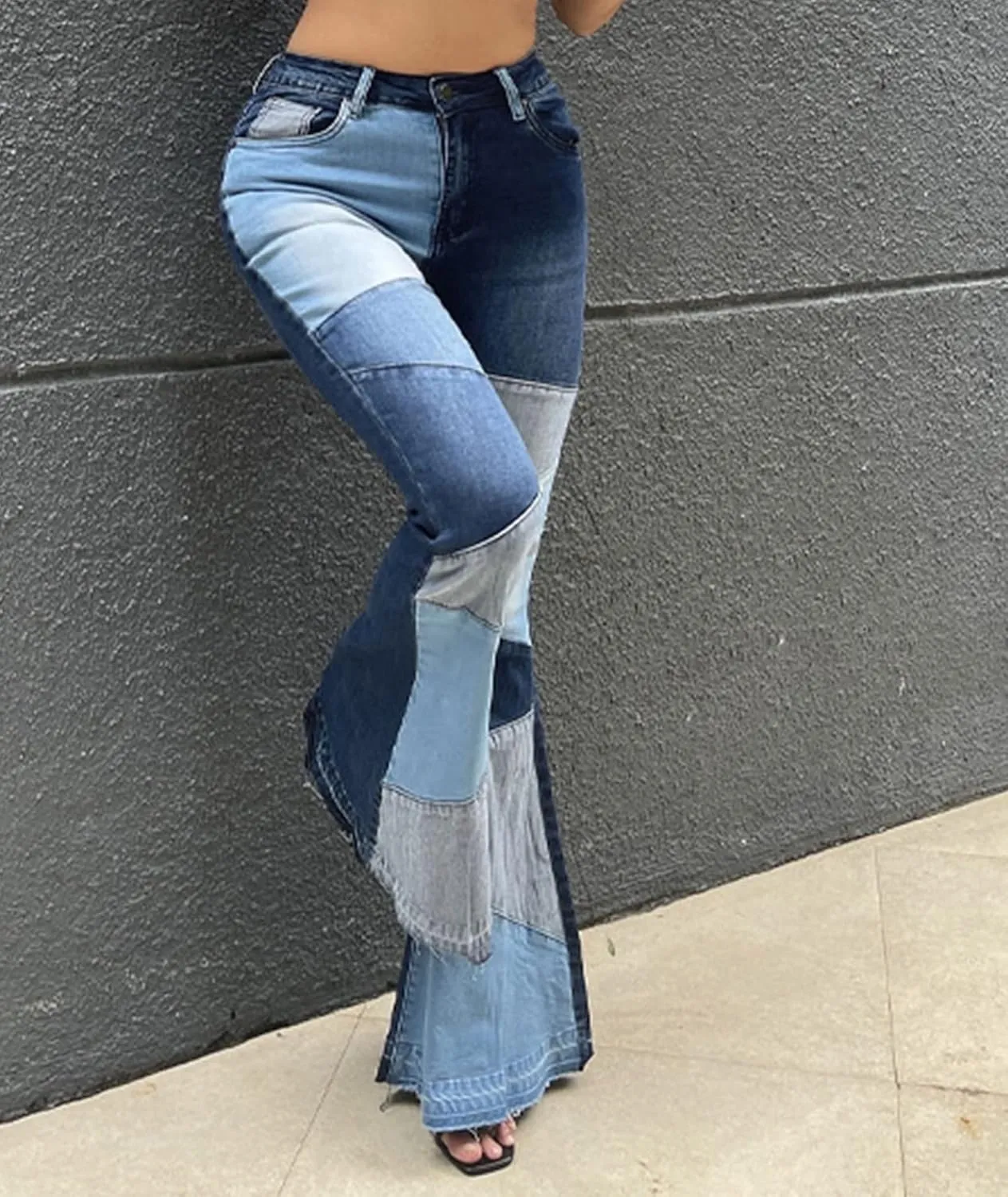 Women's Stylish High Waist Patchwork Jeans Distressed Hippie Vintage Flared Bell Denim Pants