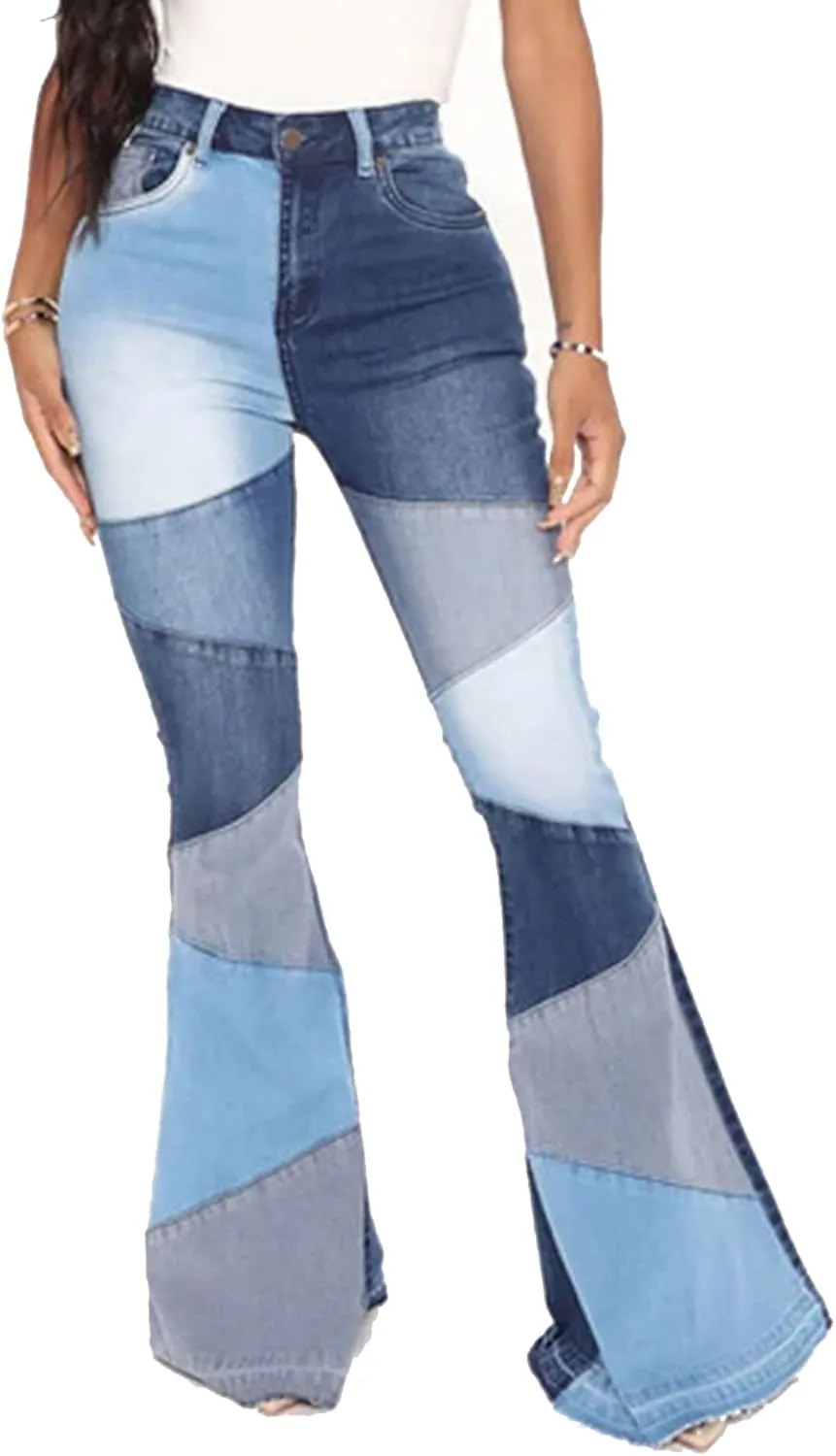Women's Stylish High Waist Patchwork Jeans Distressed Hippie Vintage Flared Bell Denim Pants
