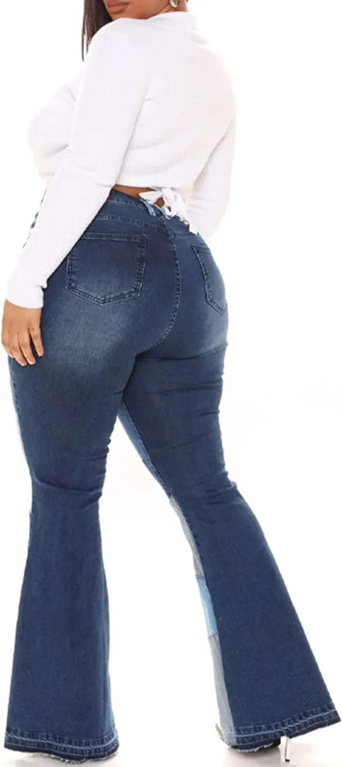 Women's Stylish High Waist Patchwork Jeans Distressed Hippie Vintage Flared Bell Denim Pants