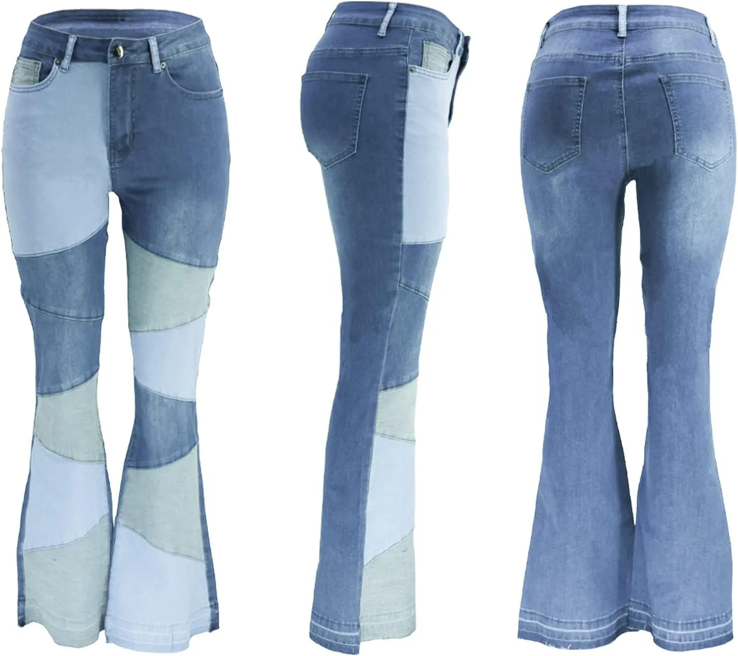 Women's Stylish High Waist Patchwork Jeans Distressed Hippie Vintage Flared Bell Denim Pants