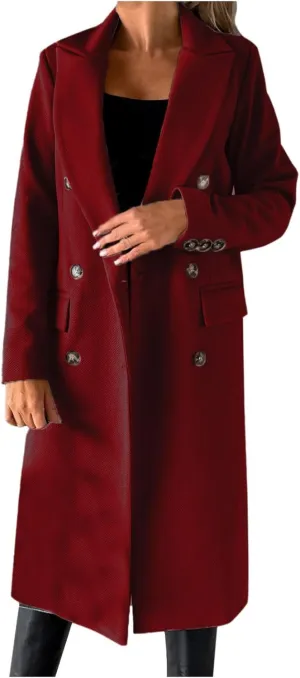 Wool Blend Coats for Women Elegant Double Breasted Long Pea Coats Fall Fashion Winter Notched Lapel Jackets Overcoat