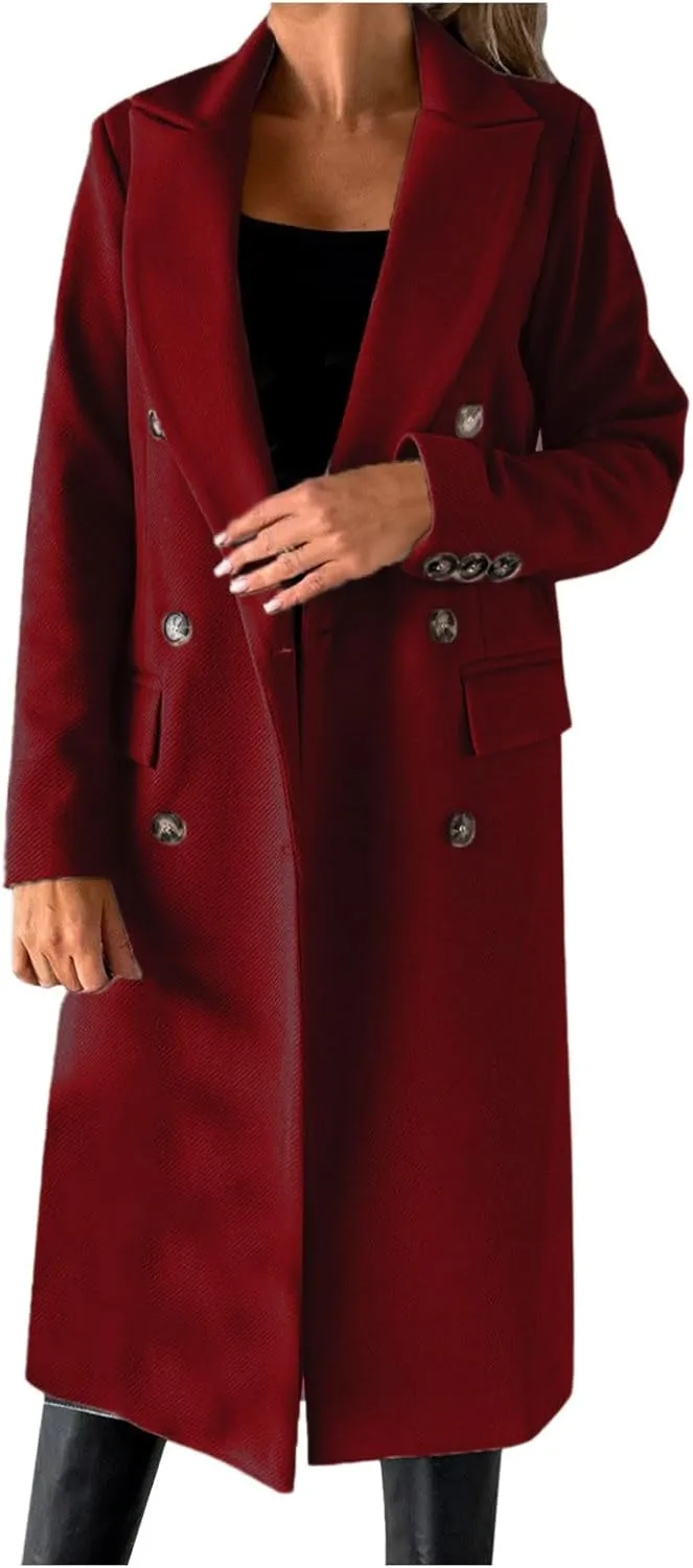 Wool Blend Coats for Women Elegant Double Breasted Long Pea Coats Fall Fashion Winter Notched Lapel Jackets Overcoat