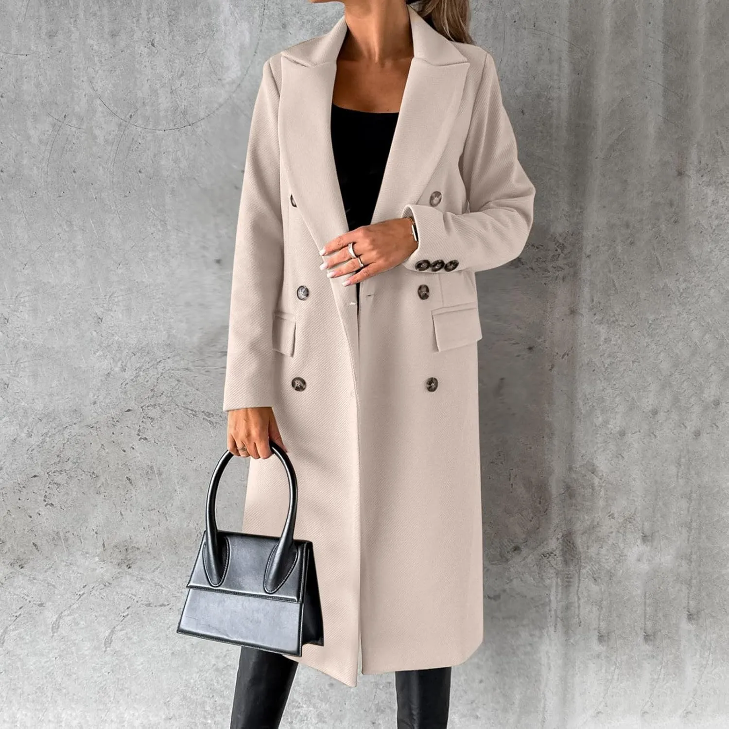 Wool Blend Coats for Women Elegant Double Breasted Long Pea Coats Fall Fashion Winter Notched Lapel Jackets Overcoat