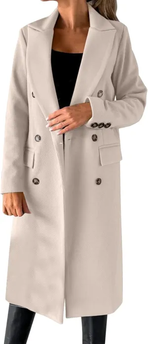 Wool Blend Coats for Women Elegant Double Breasted Long Pea Coats Fall Fashion Winter Notched Lapel Jackets Overcoat
