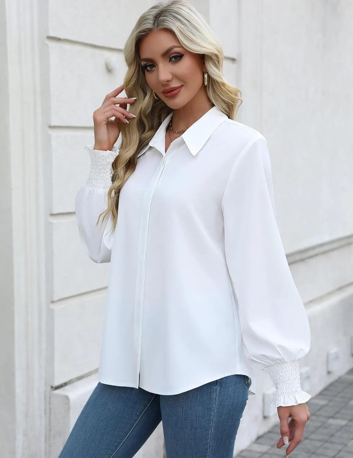 Zeagoo Womens Button Down Shirts Smocked Cuffed Blouses Printed Lantern Shirt Long Sleeve Tops Casual Collar Business Fashion