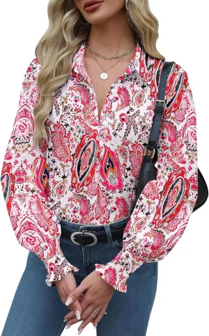 Zeagoo Womens Button Down Shirts Smocked Cuffed Blouses Printed Lantern Shirt Long Sleeve Tops Casual Collar Business Fashion