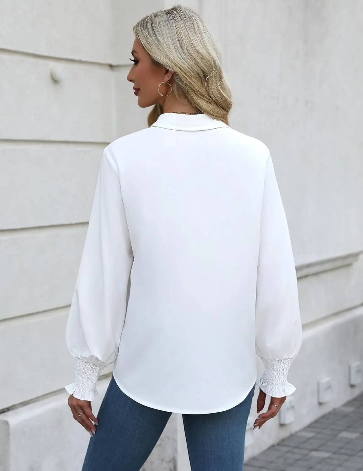 Zeagoo Womens Button Down Shirts Smocked Cuffed Blouses Printed Lantern Shirt Long Sleeve Tops Casual Collar Business Fashion