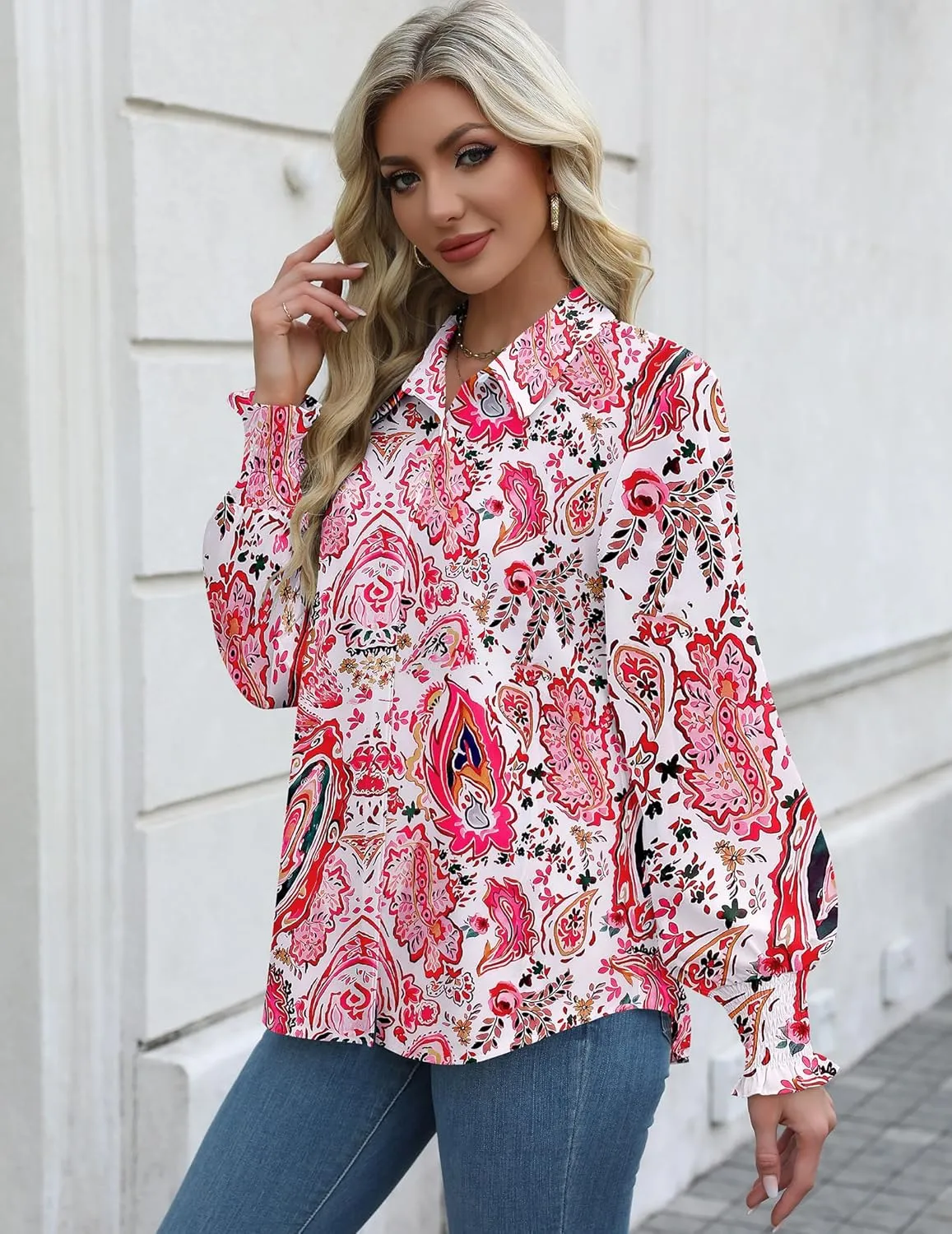 Zeagoo Womens Button Down Shirts Smocked Cuffed Blouses Printed Lantern Shirt Long Sleeve Tops Casual Collar Business Fashion